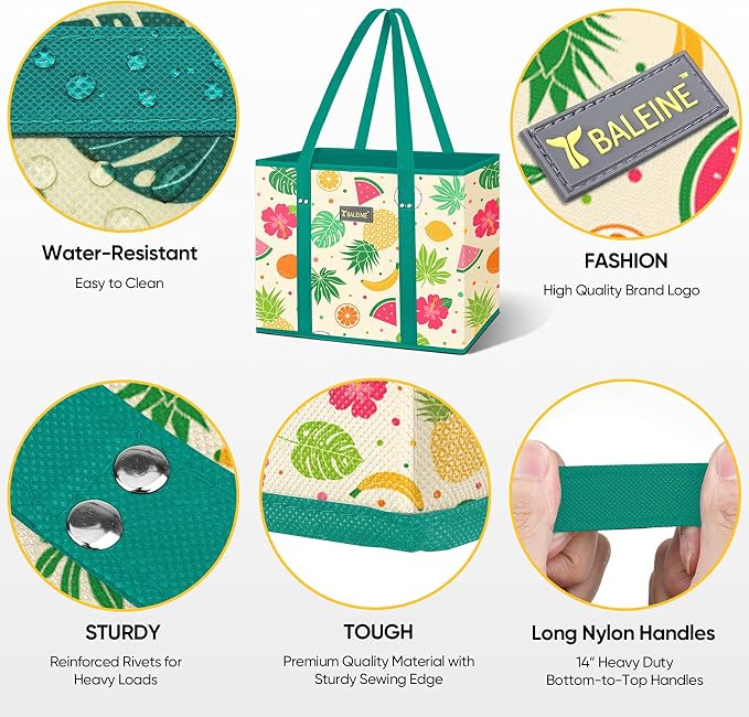 BALEINE 3PK Reusable Grocery Bags, Heavy Duty Shopping Tote Bag | 12'' Long Handles, Reinforced Bottom Keeps Upright, Fold Flat Storage, Water-Resistant Shopping Bag, Multiple Color Options - Image 3