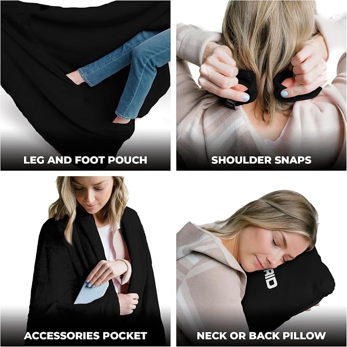 Zero Grid Lightweight Airplane & Travel Blanket with Foot Pockets, Black | Compact Wearable Blanket with Neck Snaps, Zips & Converts to Soft Pillow for Ultimate Comfort - Image 4