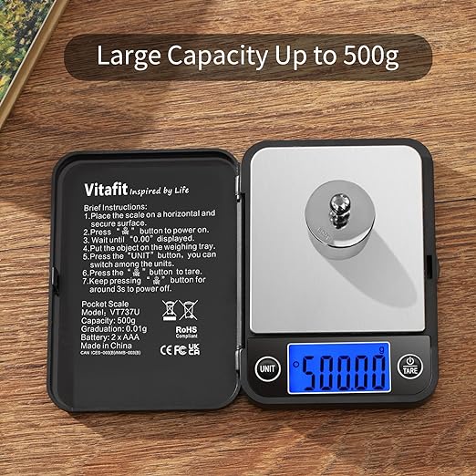 Vitafit 500g Digital Pocket Scale,High Accuracy Assured by Scale Professional Factory Since 2001, Gram Scale 0.01g for Multifunction: Lab,Food, Kitchen,Coffee,Jewelry; Black - Image 3
