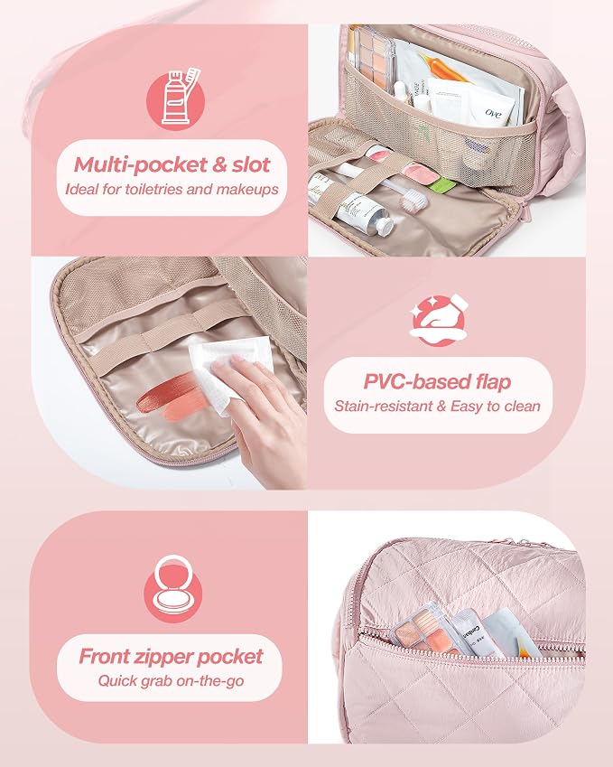 Marscamd Travel Toiletry Bag for Women, Wide-Open Makeup Organizer, Pink | 150° wide opening, water-resistant fabric, stain-resistant pocket flap & lightweight carry - Image 3