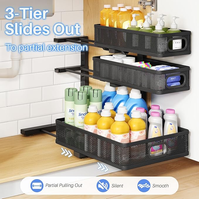 Under Sink Organizer, 3-Tier Thickened Metal Pull out Cabinet Organizer Shelf, Height Adjustable Slide out Storage Drawer Rack for Kitchen Bathroom Pantry Laundry Home Organization, 1-Pack, Black | 35% Extra Storage Capacity, Carbon Steel, Hold Up 55lb... - Image 7