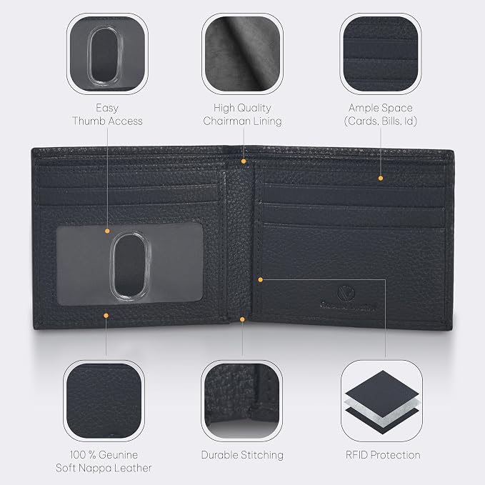 VALENCHI Genuine/Real Leather Bifold Wallet For Men - RFID Blocking/Protected Men's Slim Wallet -Christmas Gifts For Men (Black Pebble BF01) - Image 3