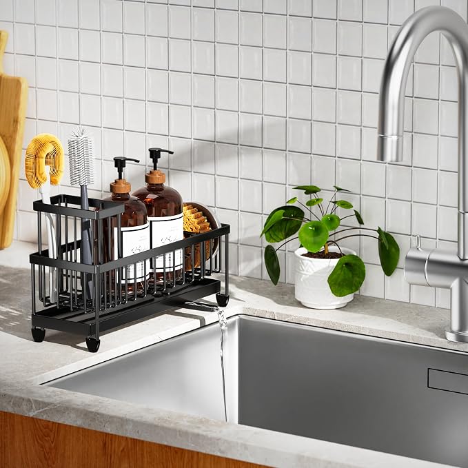 Cisily Sponge Holder for Kitchen Sink, Sink Caddy Organizer with High Brush Holder, Kitchen Countertop Organizers and Storage Essentials, Rustproof 304 Stainless Steel (Large Black, 10.62″) - Image 7
