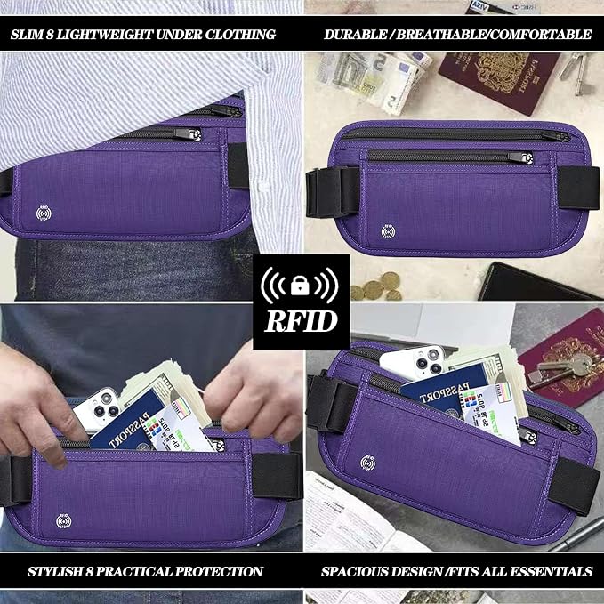 Purple Hidden Money Belt for Travel for Men, Waist Wallet Anti Theft, RFID Passport Holder For Travel Men Or Women, Money Pouch, RFID Passport Holder - Image 6