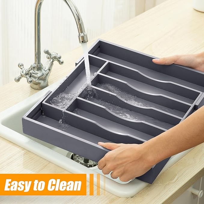 Kitchen Silverware Drawer Organizer and Storage Bamboo Wood Cooking Utensil Holder Cutlery Knife Jewelry Spice Rack Spoon Fork Multi Cabinet Organization Bathroom Counter Expandable Adjustable Tray - Image 6