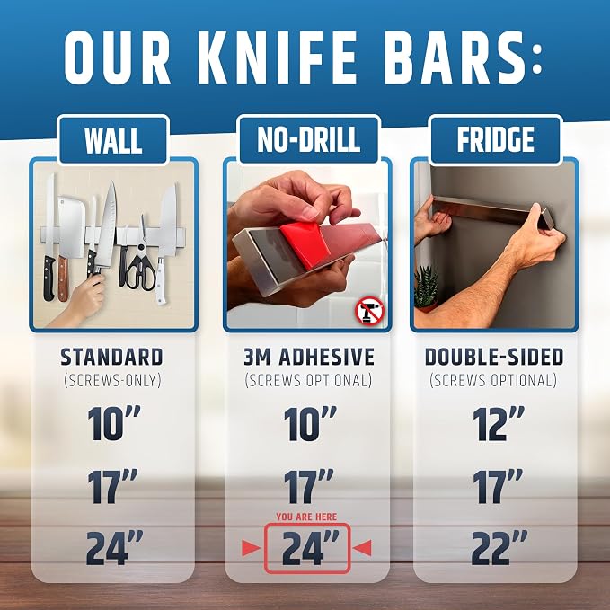 24" Strong Adhesive (No Drill) Magnetic Knife Holder for Wall - Professional Knife Strip - No Screws Needed - Adhesive Backing - Stainless Steel Knife Bar (Upgraded Version – Will Not Fall) - Image 2