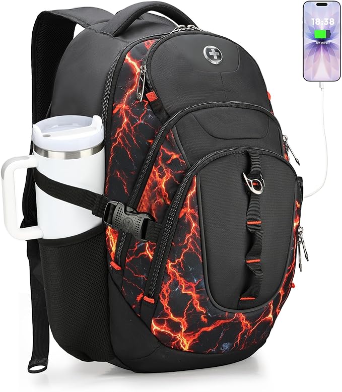 Swissdigital Laptop Backpack with USB Charging Port, Travel Backpack Fits 15.6 inches Computer, 31L Backpack for Men, Flame Red | SD803-97 by SwissdigitalDesign