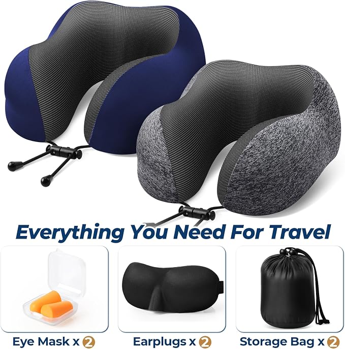 ExploreBliss Travel Pillow, Neck Pillow Airplane, Grey & Blue | Travel Pillows for Airplanes, Neck Pillow Airplane, Memory Foam Neck Pillow Set with Eye Mask, Earplugs - Image 2