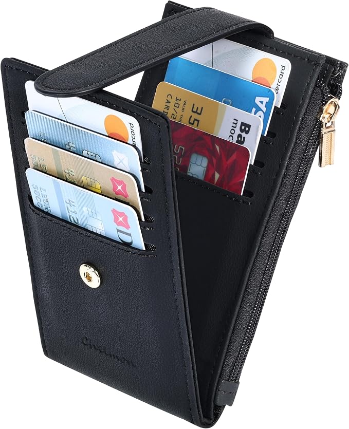 Chelmon Women's RFID Slim Card Holder Wallet | Thin Bifold Multi Card Case with Zipper Coin Pocket Purse for Women(Black Smooth) - Image 5