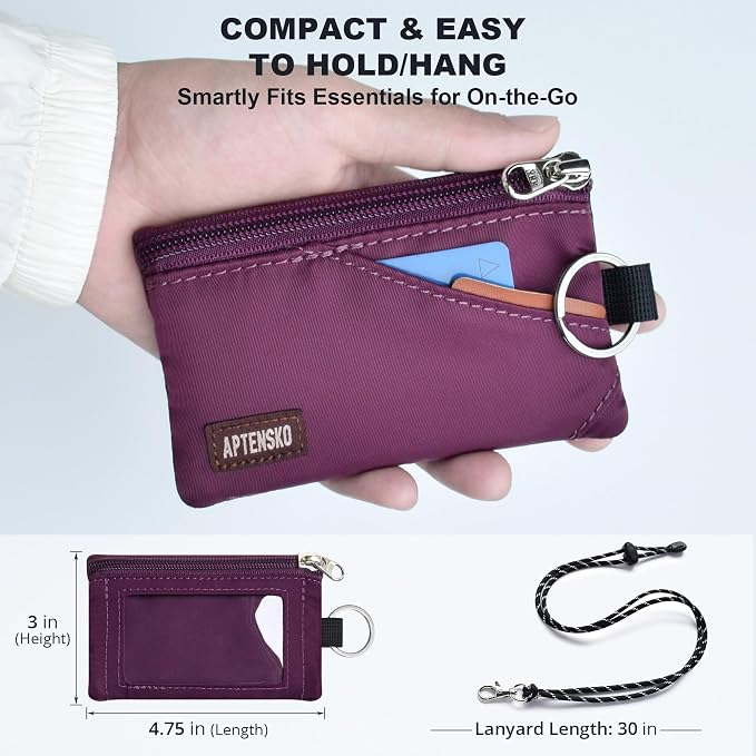 RFID Blocking Travel Wallet with Adjustable Lanyard, Small Nylon Zipper Pouch and Badge Holder for ID, Credit Cards, Cash, Keys, Commuters (Plum Wine) - Image 4