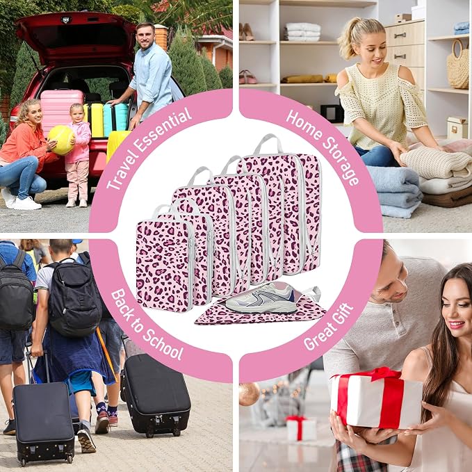 6 Set Compression Packing Cubes, Suitcase Organizer, Lightweight Travel Essentials, Compression Bags For Travel Accessories Luggage Storage Set (6Pcs, Purple Leopard) - Image 3
