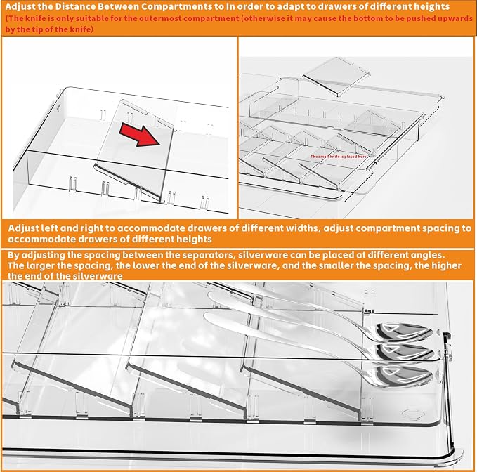 Large Expandable Silverware Organizer - Adjustable From 11'' to 21.3'' - Spatula,Gadget,Knife,Cutlery,Spoons and Forks Organizer,Clear Flatware,Silverware Tray,Utensil Organizer for Kitchen Drawers - Image 9