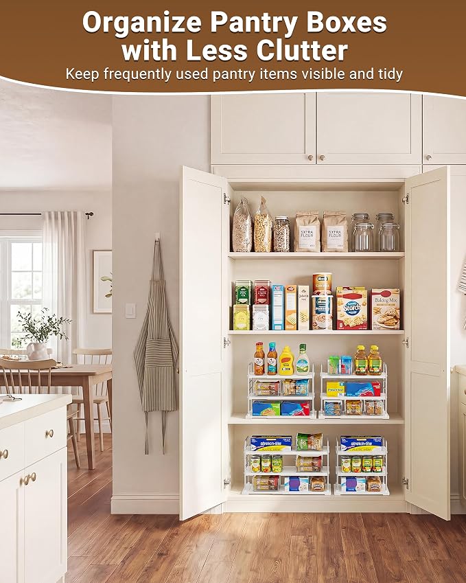 EVERIE Extendable 3-Tier Kitchen Cabinet & Pantry Organizer for Plastic Wrap, Foil & Storage Bags, Adjustable Heavy Duty Shelf Rack for Wrap Boxes, Jars & Snack Boxes (11–16.7 in Wide), Pack of 2 - Image 9
