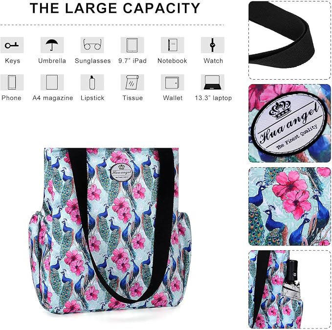 HUA ANGEL Floral Tote Bag - Casual Shoulder Bag Daily Tote Bag with Zipper Gym Travel Shopping Work Handbag for Women - Image 5