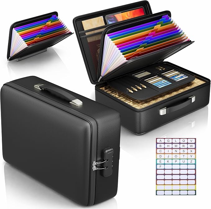 Fireproof Document Box, Hard Briefcase Fireproof Safe for Home Documents | Fire proof file box for documents, detachable accordion file organizer, waterproof digital document organiser briefcase by GroTheory