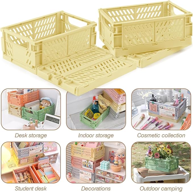 4 Pcs Collapsible Storage Crates, 10x5.9x4 inches Space-Saving Folding Containers, Stackable Plastic Boxes for Home Kitchen Office Bedroom Bathroom, Beige - Image 7