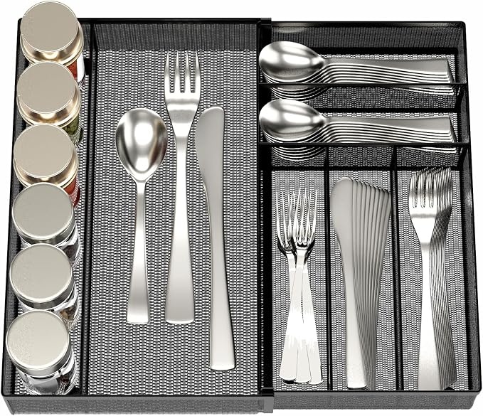 JANE EYRE Utensil Drawer Organizer - Expandable Cutlery Tray, Silverware/Flatware Storage Divider for Kitchen, Mesh Designing with Non-slip Rubber Feet (black) by JANEEYRE