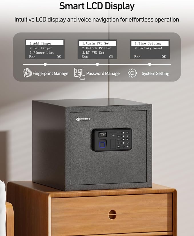Billconch Smart Gun Safe for Multiple Pistols - Automatic Lock Safe Box | Biometric Handgun Safe for Money Valuables with LCD Display/Voice Guide, Quick Access Unlock with Fingerprint/Keypad/Key/App - Image 4