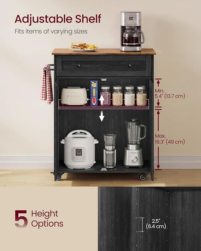 VASAGLE Mobile Kitchen Island with Storage Cabinet for Kitchen, Dining Room | Portable Mobile Cart on Wheels , 15.8 x 30.9 x 35.1 Inches, Black and Honey Brown, SIREN Collection UKKI009BA01S - Image 5