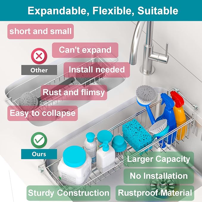 Over the Sink Caddy, Expandable Stainless Steel Sponge Holder for Kitchen Sink, 14.5-22 in Sink Organizer Rack for Sponge, Soap, Brush, Dish Cloth and Rag, Rust-Resistant Drying Holder - Image 5