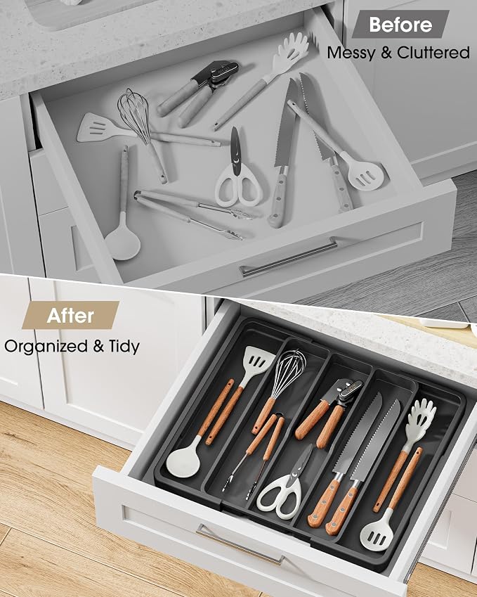 Aujen Silverware Drawer Organizer, Adjustable Utensil Cutlery Tray | Expandable Kitchen Organizer for Forks Knives, Multipurpose Kitchen Storage, Apartment Essentials, Black, X-Large - Image 3