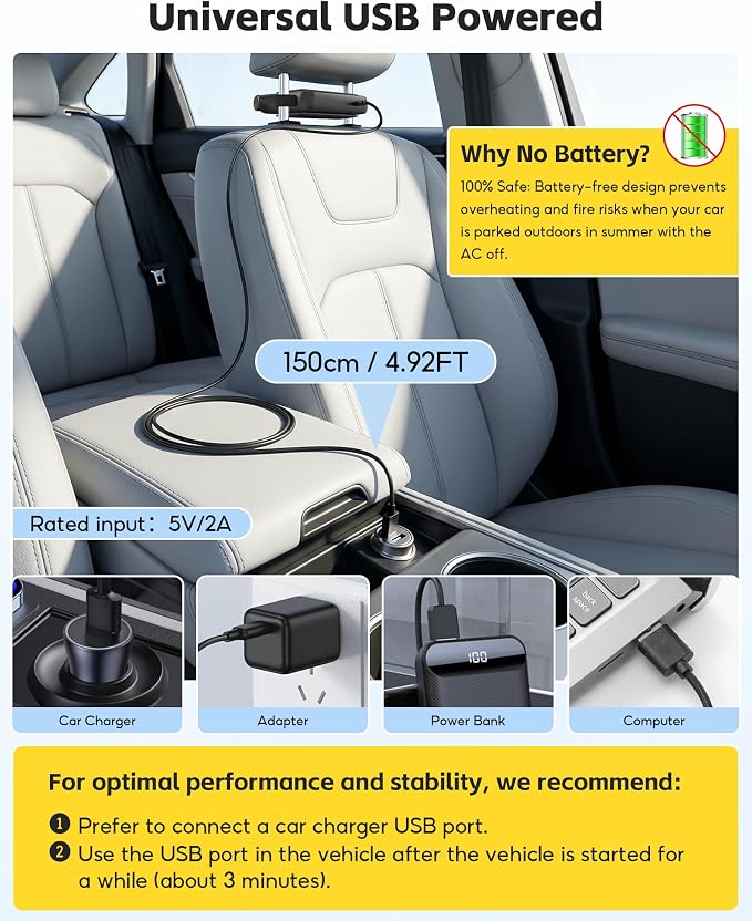 Car Seat Fan, Bladeless Dual Airflow, 3 Speed USB Powered for Car Headrest | For front & back car seats, no built-in battery, non-rechargeable, fits 4.92–6.9 in headrest posts, quiet safe cooling - Image 3