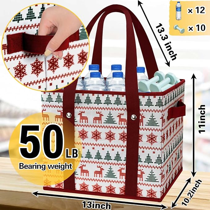 Reusable Grocery Bags 3 Pack - Heavy Duty Reusable Shopping Bags with Hard Bottom & Long Handles, Stand Up Grocery Boxes Reusable Foldable, 13x10.23x11in, Reindeers - Image 4