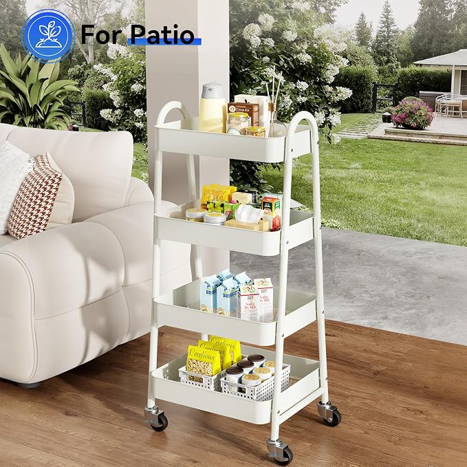 OLIXIS Metal 4 Tiers Rolling Storage Utility Cart with Lockable Wheels | Mobile Organizer Shelf, Space-Saving, Freestanding, Bathroom, Living Room, Slim, Narrow Corner Spaces, White - Image 8