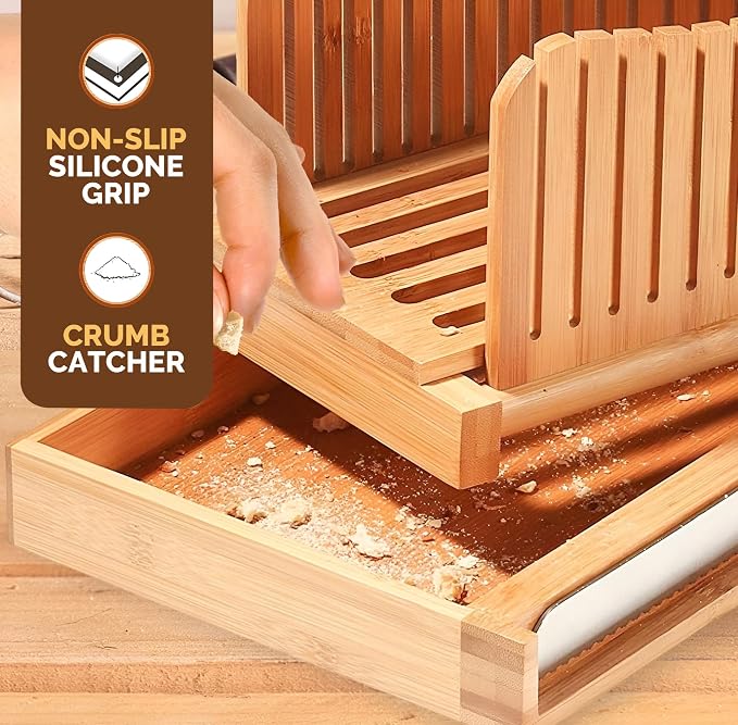 Bambüsi Bread Slicer for Homemade Bread with Knife Sourdough Cutter, Bamboo | Folds Flat for Compact Storage, 3-Thickness Slice Options, Serrated Steel Knife, Manual, Fits Loaves, Bagels, Sourdough, Cake - Image 7