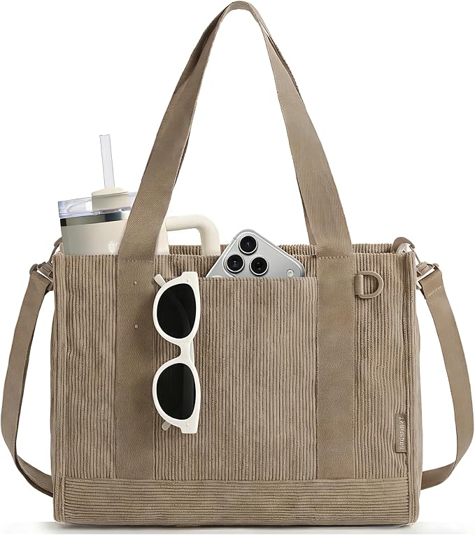 BAGSMART Corduroy Tote Bag for Women, Small College Teacher Laptop Handbag | Fits 14 inch Laptop, 40oz Tumbler Holder, Soft Corduroy Bag with Crossbody Strap for Daily, Work, Flight Travel, Hand Wash by BAGSMART