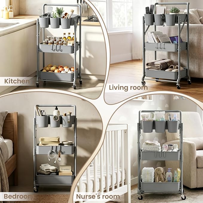 Foldable 3 Tier Rolling Cart, Metal Utility Cart with Wheels | Collapsible Rolling Storage Cart with 3 Hanging Cups, Folding Storage Trolley Organizer Cart for Home Office Kitchen(Grey) - Image 5