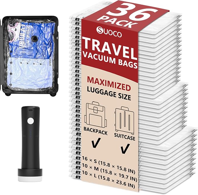 Travel Vacuum Bags for Clothing with Rechargeable Pump 36 Combo, Clear | Compression Packing Cubes Organizer Storage for Luggage Suitcase, Space Saver Seal Bags for Vacation Cruise by SUOCO