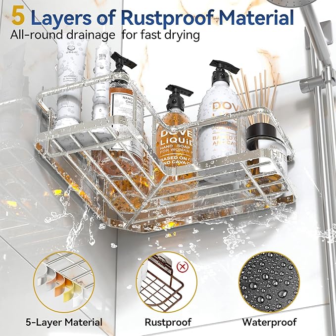 Corner Shower Caddy Organizer, Self-Adhesive Rustproof Bath Shelves with Soap Holder & 4 Hooks, Large Capacity Shower Storage Rack for Bathroom Organization, (3Pack, Silver) - Image 3