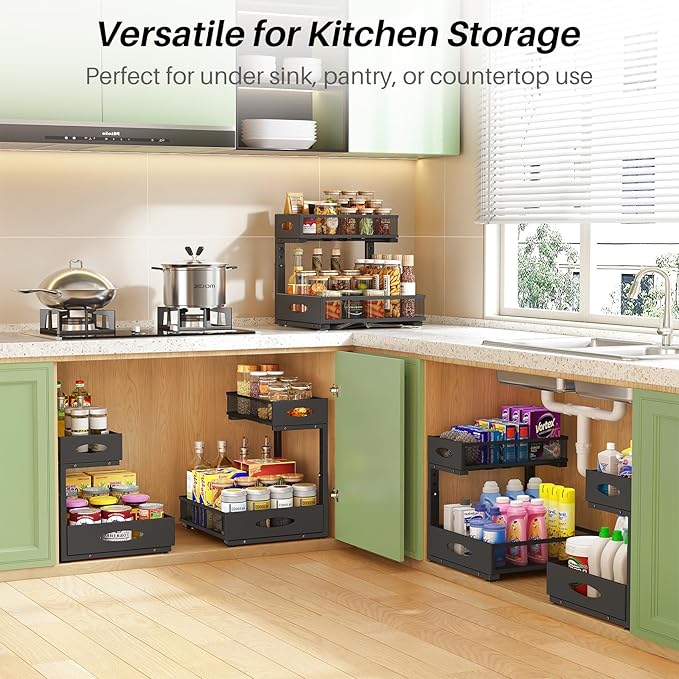 Under Sink Organizer, 2-Pack Pull Out Cabinet Organizer 2 Tier Metal Slide Out Storage Shelf Rack, L-Shaped Adjustable Height,Mesh Sliding Drawer for Kitchen, Bathroom, Laundry, Pantry, Black, XL - Image 8