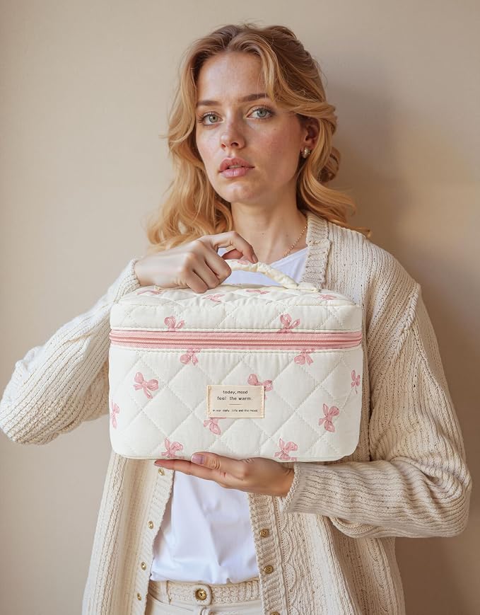 HBselect Quilted Makeup Bag, 3Pcs Cotton Large Travel Makeup Bags Organizer | Cute Floral Make up Bag Cosmetic Bag Toiletry Bag for Women Girls, Makeup Pouch for Skincare, Brushes & Travel Essentials - Image 7