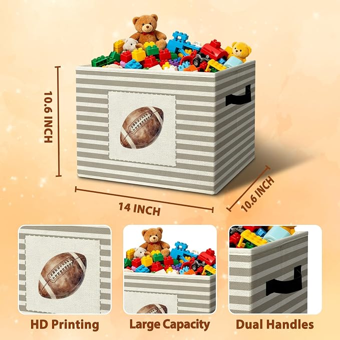 Rustic Football Storage Bins Boxes Handles | grey striped nursery foldable basket for organizing bedroom toddler playroom - Image 3