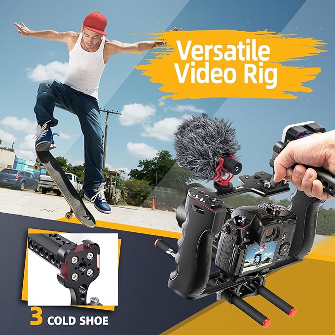 Zeadio All-in-One Video Rig Kit, Aluminum Handheld Camera Cage with RGB Video Light, Microphone, Top Handle,15mm Rod Guide, Extension Rods & Carrying Case for Filmmaking Vlogging Recording etc - Image 5
