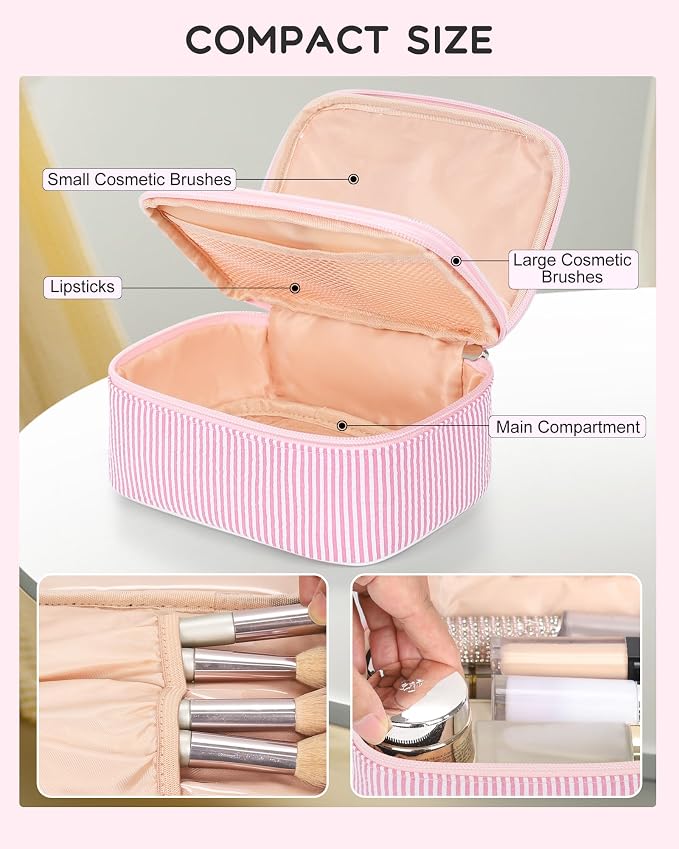Relavel Small Pink Cosmetic Bag with 2 Makeup Brush Holders, Pink Strip | 2-Layer Travel Makeup Bag, Portable Compact Makeup Pouch for Women, Cute Toiletry Bag with Double Layer Organizer - Image 3