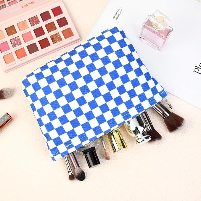 SOIDRAM 2 Pcs Checkered Makeup Bag Large Cosmetic Bag Toiletry Bag Makeup Pouch Travel Bag Organizer Cute Makeup Brushes Aesthetic Accessories Storage Bag for Women Royal Blue - Image 7