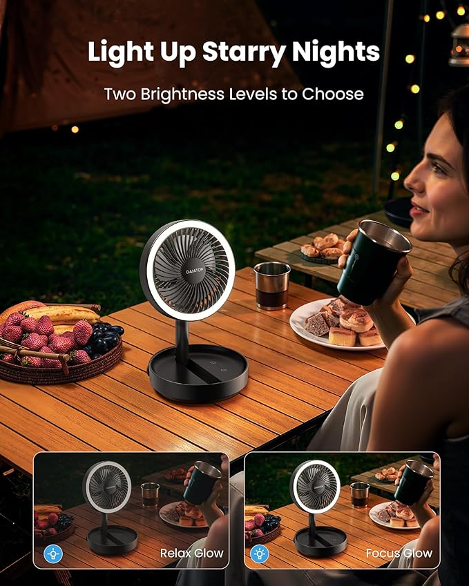 Gaiatop Foldable Desk Fan with Night Light, 6.8in Portable Travel Fan | 6000mAh Battery Powered Fan, USB Rechargeable, Bedroom Office Camping Travel & Cruise Essentials, Gifts for Women Men, Black - Image 4