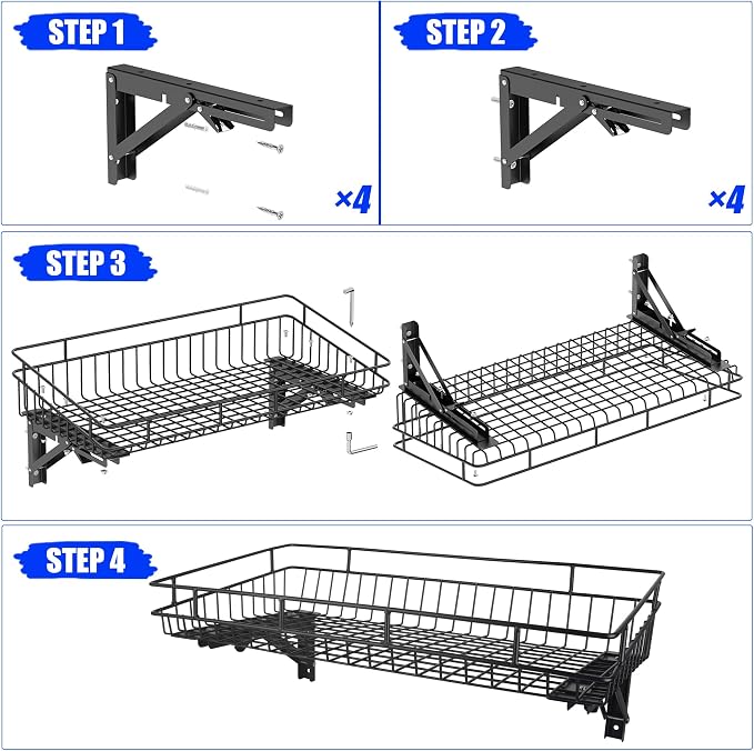 ULIBERMAGNET Large Folding Garage Shelf,Heavy Duty Wire Basket Storage Shelving,400LB Wall Mounted Storage DIY Folding Utility Racks for Garage, Office, Basement, Closet, Kitchen, Laundry - Image 7