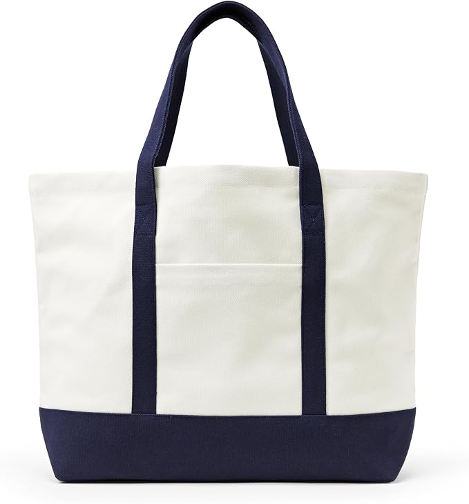 Amazon Essentials Unisex Adults' Large Heavy Duty Canvas Beach Tote Bag, Natural/Navy, One Size by AmazonEssentials
