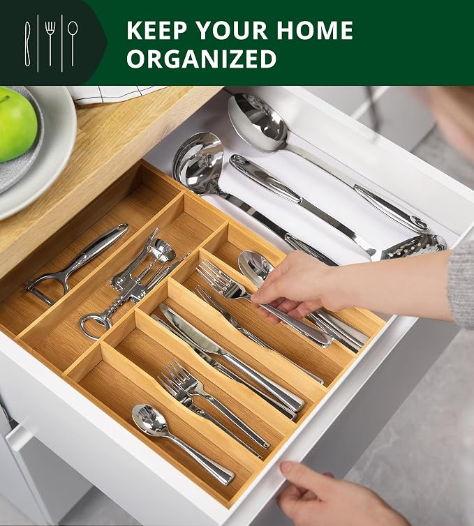 ROYAL CRAFT WOOD Luxury Bamboo Utensil Rack and Silverware Organizer, Kitchen Drawer Organizer - Utensil Holder and Cutlery Tray with Grooved Drawer Dividers for Flatware 7 Slot, Natural - Image 4