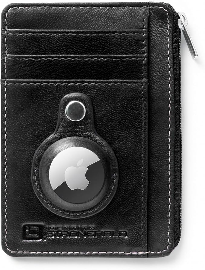ID Stronghold RFID Blocking Front Pocket Wallet – Slim Minimalist Genuine Leather Wallet with Zipper Coin Pocket (Airtag Black) by IDStronghold