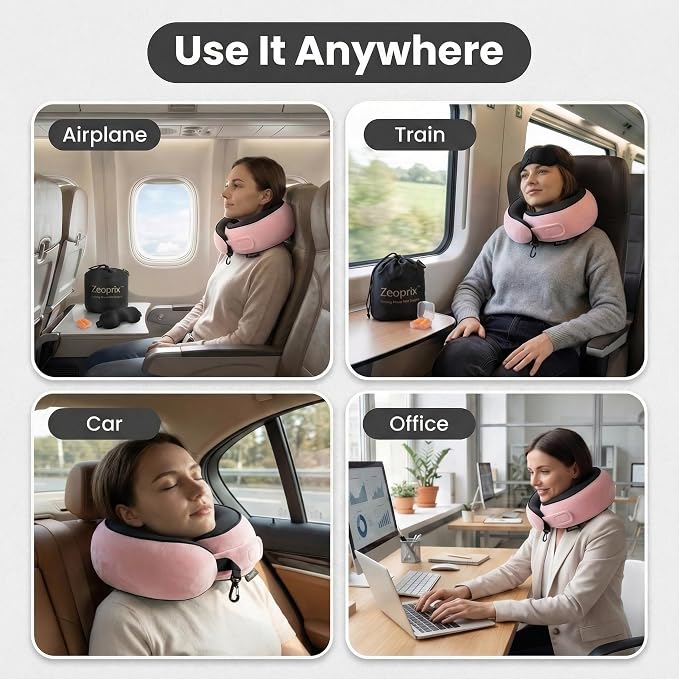 Memory Foam Wrap Around Travel Neck Pillow for Airplane, Pink | Travel pillow for airplanes with adjustable 360° neck support, breathable, washable cover, eye mask, earplugs & compact bag - Image 6