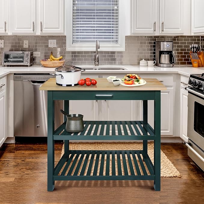 Kitchen Island with Solid Wood Top, Natural/Hunter Green - Image 6