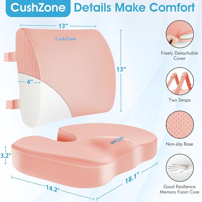 CushZone Seat Cushion and Lumbar Support Pillow for Office Chair, Pink | Ergonomic Memory Foam for Sciatica Pain Relief & Posture Correction, Non-Slip Chair Cushions for Car, Wheelchair and Travel - Image 3
