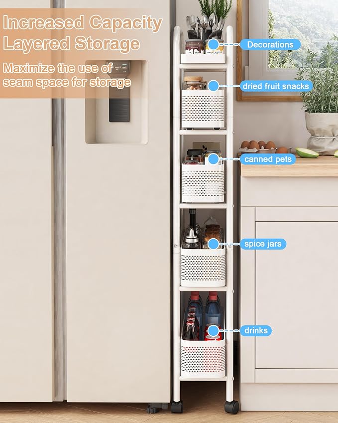UMDONX 5-Tier Narrow Mobile Storage Cart with Pull-Out Baskets | The Multifunctional Pull-out Storage Rack Is Suitable for Bathrooms, Kitchens, and Laundry Rooms - Image 7