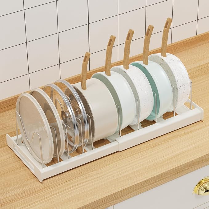 Nigelia Pots and Pans Organizer for Under Cabinet 22" Expandable Food Storage Container Lid Organizer with 10 Adjustable Dividers Pot and Pan Lid Holders Rack Inside Cabinet & Kitchen Countertop White by Nigelia