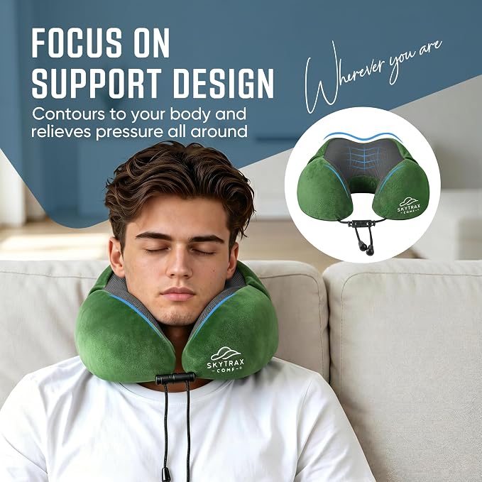 SkytraxComf® Travel Neck Pillow with Hood for Privacy on Long Flights | Memory Foam | Airplane Sleep | Safety-Tested Materials | Extra Large Hood | Chin Support | Earplugs | Washable Cover - Image 5